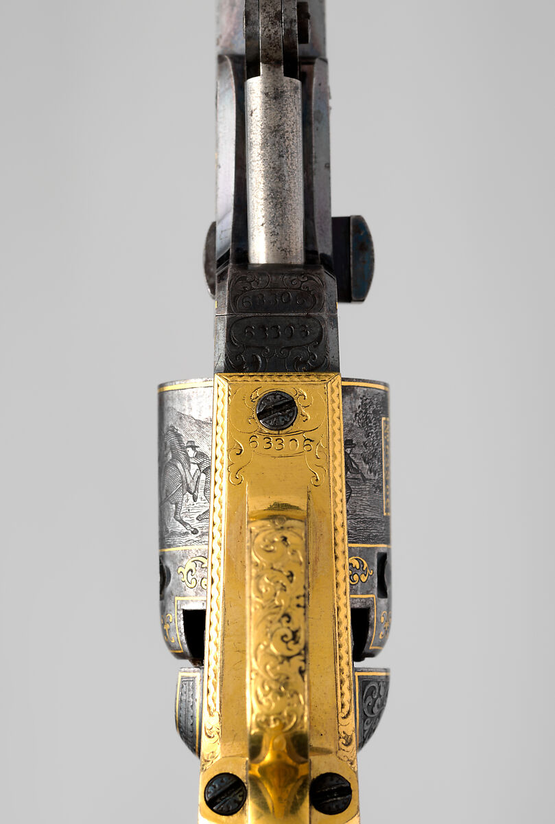 Gold-inlaid Colt Model 1849 Pocket Revolver (serial no. 63306), Samuel Colt (American, Hartford, Connecticut 1814–1862), Steel, copper alloy, gold, wood (walnut), American, Hartford, Connecticut