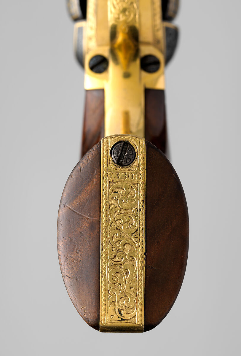 Gold-inlaid Colt Model 1849 Pocket Revolver (serial no. 63306), Samuel Colt (American, Hartford, Connecticut 1814–1862), Steel, copper alloy, gold, wood (walnut), American, Hartford, Connecticut