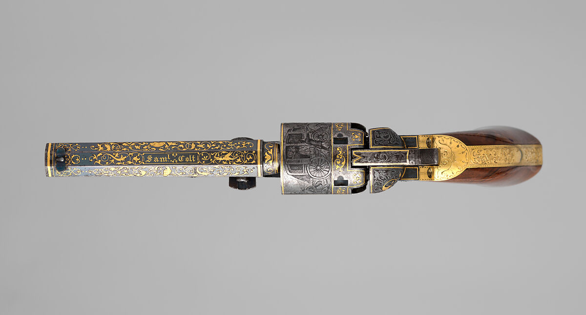 Gold-inlaid Colt Model 1849 Pocket Revolver (serial no. 63306), Samuel Colt (American, Hartford, Connecticut 1814–1862), Steel, copper alloy, gold, wood (walnut), American, Hartford, Connecticut