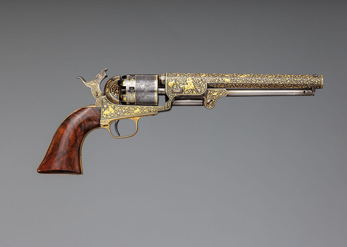 Gold-inlaid Colt Model 1851 Navy Revolver (serial no. 20133), with Case and Accessories, Samuel Colt (American, Hartford, Connecticut 1814–1862), Steel, copper alloy, gold, wood (walnut), textile, glass, cork, bone, pewter, paper, American, Hartford, Connecticut
