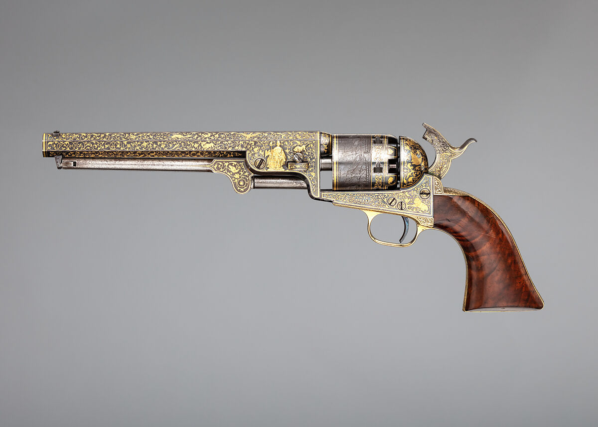 Gold-inlaid Colt Model 1851 Navy Revolver (serial no. 20133), with Case and Accessories, Samuel Colt (American, Hartford, Connecticut 1814–1862), Steel, copper alloy, gold, wood (walnut), textile, glass, cork, bone, pewter, paper, American, Hartford, Connecticut
