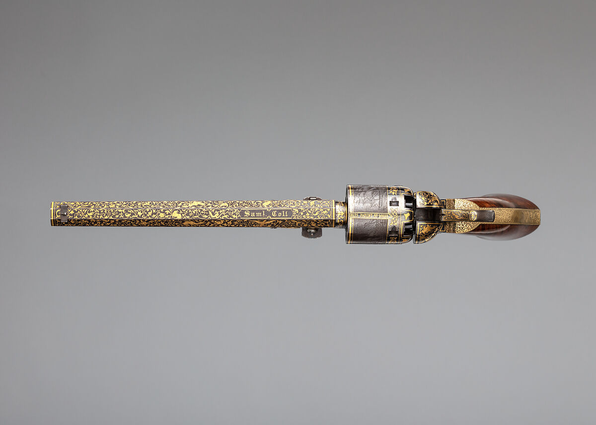 Gold-inlaid Colt Model 1851 Navy Revolver (serial no. 20133), with Case and Accessories, Samuel Colt (American, Hartford, Connecticut 1814–1862), Steel, copper alloy, gold, wood (walnut), textile, glass, cork, bone, pewter, paper, American, Hartford, Connecticut