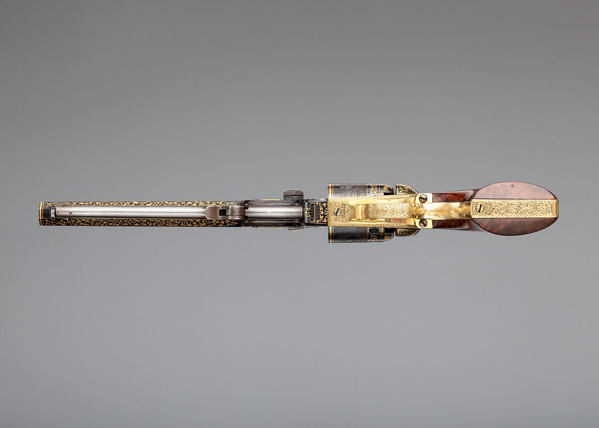 Gold-inlaid Colt Model 1851 Navy Revolver (serial no. 20133), with Case and Accessories, Samuel Colt (American, Hartford, Connecticut 1814–1862), Steel, copper alloy, gold, wood (walnut), textile, glass, cork, bone, pewter, paper, American, Hartford, Connecticut