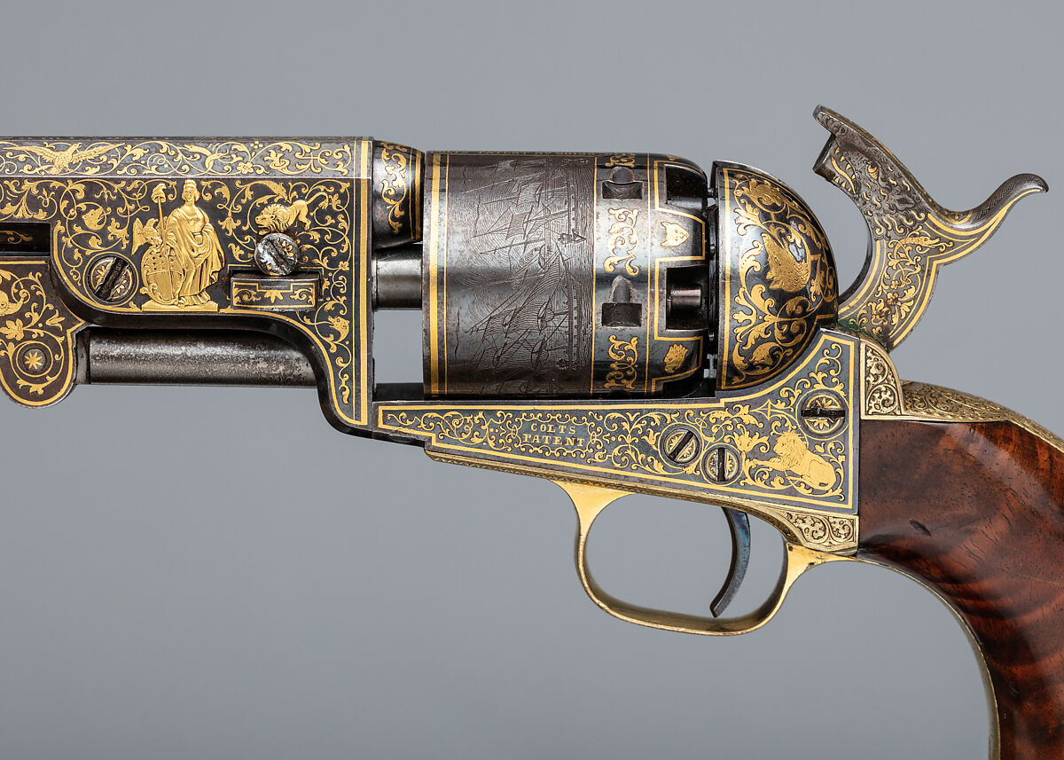 Gold-inlaid Colt Model 1851 Navy Revolver (serial no. 20133), with Case and Accessories, Samuel Colt (American, Hartford, Connecticut 1814–1862), Steel, copper alloy, gold, wood (walnut), textile, glass, cork, bone, pewter, paper, American, Hartford, Connecticut