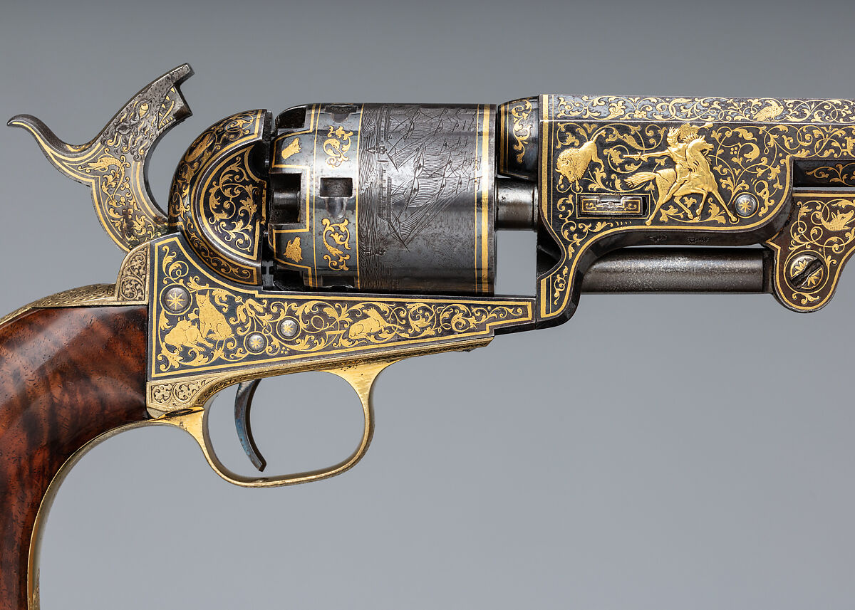 Gold-inlaid Colt Model 1851 Navy Revolver (serial no. 20133), with Case and Accessories, Samuel Colt (American, Hartford, Connecticut 1814–1862), Steel, copper alloy, gold, wood (walnut), textile, glass, cork, bone, pewter, paper, American, Hartford, Connecticut