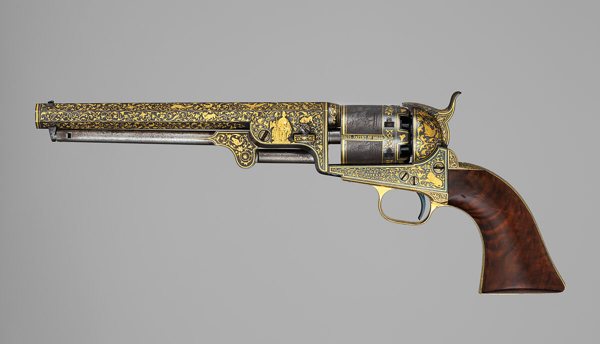 Gold-inlaid Colt Model 1851 Navy Revolver (serial no. 20133), with Case and Accessories, Samuel Colt (American, Hartford, Connecticut 1814–1862), Steel, copper alloy, gold, wood (walnut), textile, glass, cork, bone, pewter, paper, American, Hartford, Connecticut 