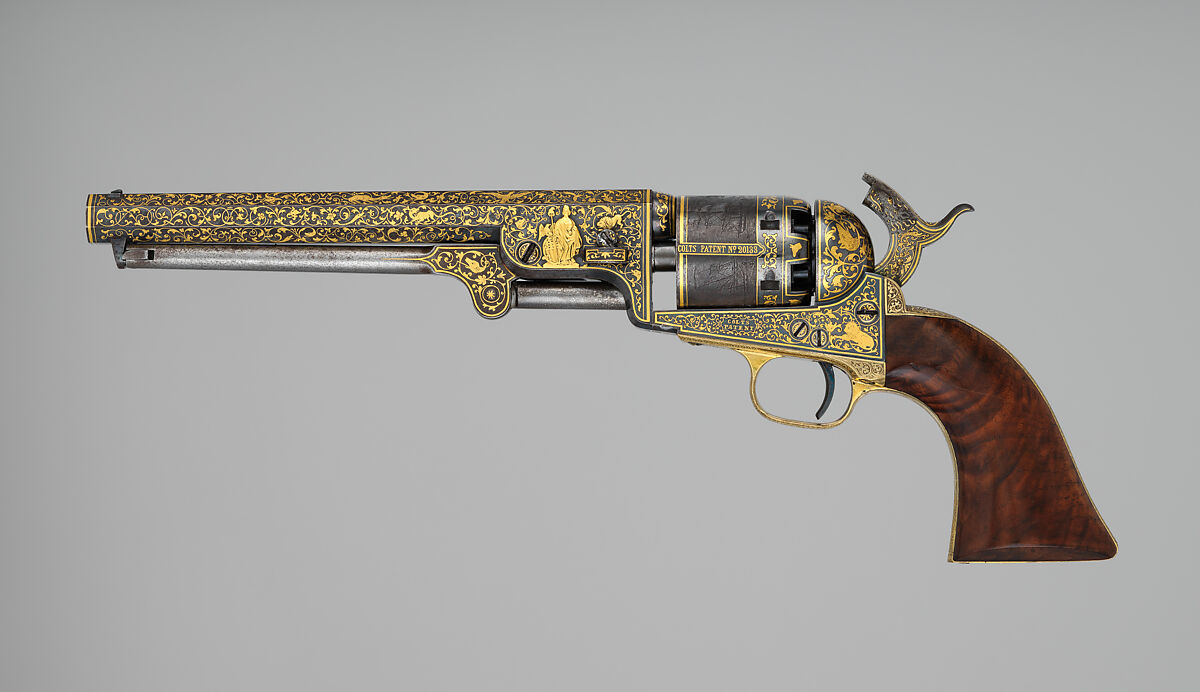 Gold-inlaid Colt Model 1851 Navy Revolver (serial no. 20133), with Case and Accessories, Samuel Colt (American, Hartford, Connecticut 1814–1862), Steel, copper alloy, gold, wood (walnut), textile, glass, cork, bone, pewter, paper, American, Hartford, Connecticut