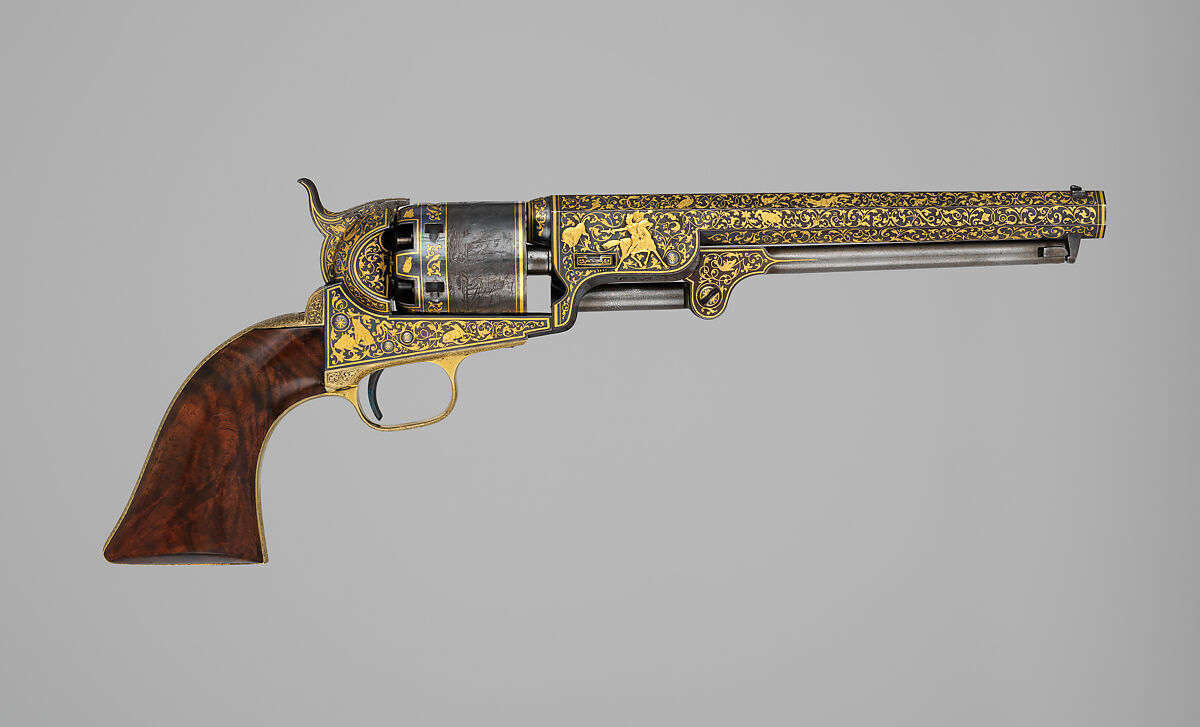 Gold-inlaid Colt Model 1851 Navy Revolver (serial no. 20133), with Case and Accessories, Samuel Colt (American, Hartford, Connecticut 1814–1862), Steel, copper alloy, gold, wood (walnut), textile, glass, cork, bone, pewter, paper, American, Hartford, Connecticut