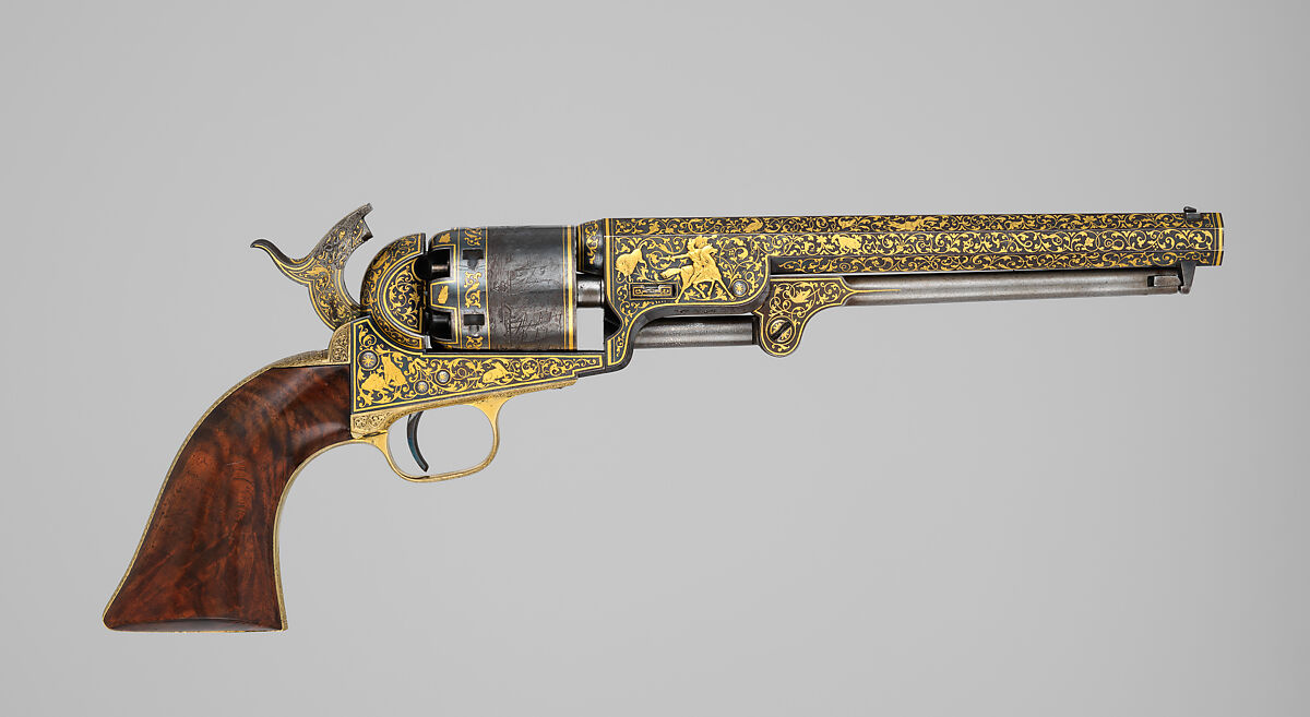 Gold-inlaid Colt Model 1851 Navy Revolver (serial no. 20133), with Case and Accessories, Samuel Colt (American, Hartford, Connecticut 1814–1862), Steel, copper alloy, gold, wood (walnut), textile, glass, cork, bone, pewter, paper, American, Hartford, Connecticut