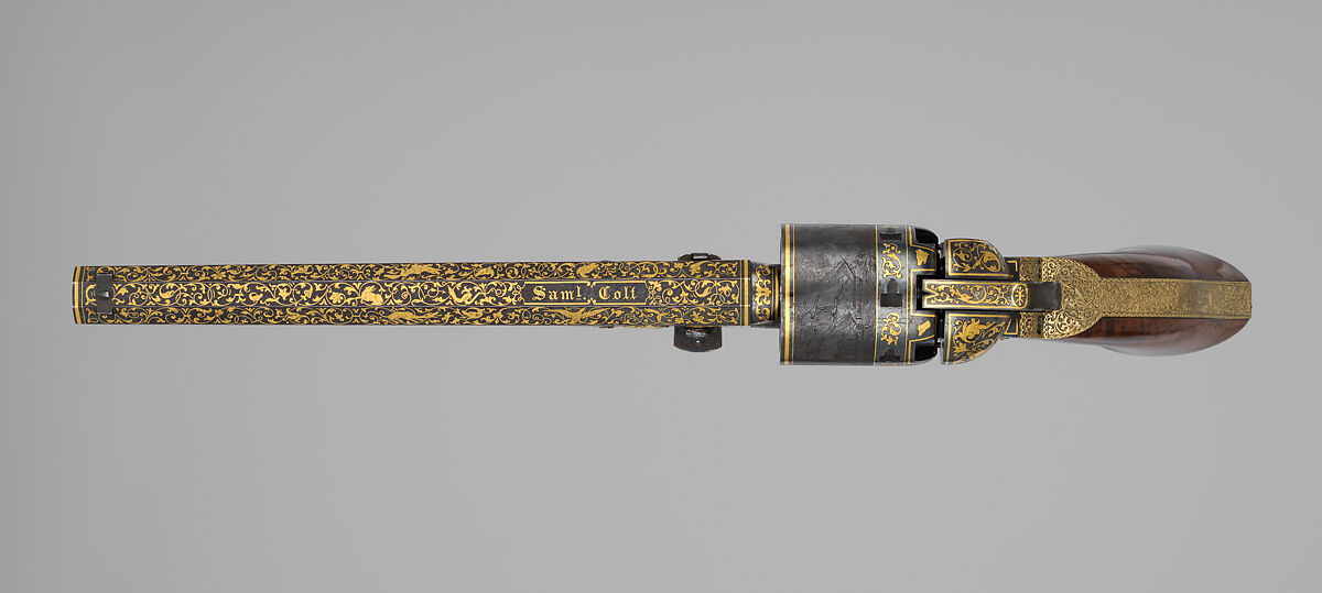 Gold-inlaid Colt Model 1851 Navy Revolver (serial no. 20133), with Case and Accessories, Samuel Colt (American, Hartford, Connecticut 1814–1862), Steel, copper alloy, gold, wood (walnut), textile, glass, cork, bone, pewter, paper, American, Hartford, Connecticut