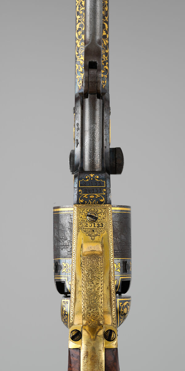 Gold-inlaid Colt Model 1851 Navy Revolver (serial no. 20133), with Case and Accessories, Samuel Colt (American, Hartford, Connecticut 1814–1862), Steel, copper alloy, gold, wood (walnut), textile, glass, cork, bone, pewter, paper, American, Hartford, Connecticut