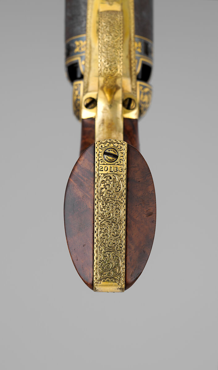 Gold-inlaid Colt Model 1851 Navy Revolver (serial no. 20133), with Case and Accessories, Samuel Colt (American, Hartford, Connecticut 1814–1862), Steel, copper alloy, gold, wood (walnut), textile, glass, cork, bone, pewter, paper, American, Hartford, Connecticut