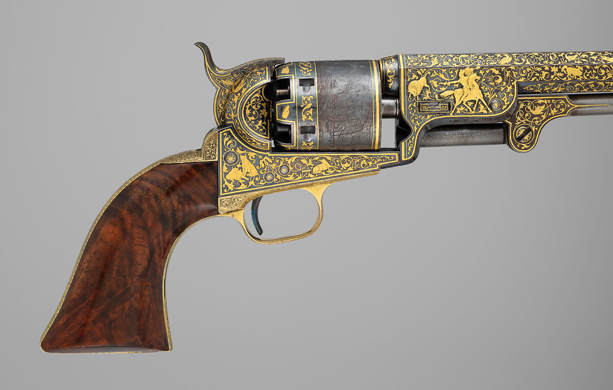 Gold-inlaid Colt Model 1851 Navy Revolver (serial no. 20133), with Case and Accessories, Samuel Colt (American, Hartford, Connecticut 1814–1862), Steel, copper alloy, gold, wood (walnut), textile, glass, cork, bone, pewter, paper, American, Hartford, Connecticut