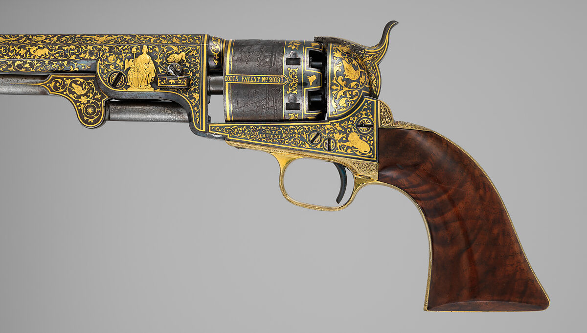 Gold-inlaid Colt Model 1851 Navy Revolver (serial no. 20133), with Case and Accessories, Samuel Colt (American, Hartford, Connecticut 1814–1862), Steel, copper alloy, gold, wood (walnut), textile, glass, cork, bone, pewter, paper, American, Hartford, Connecticut