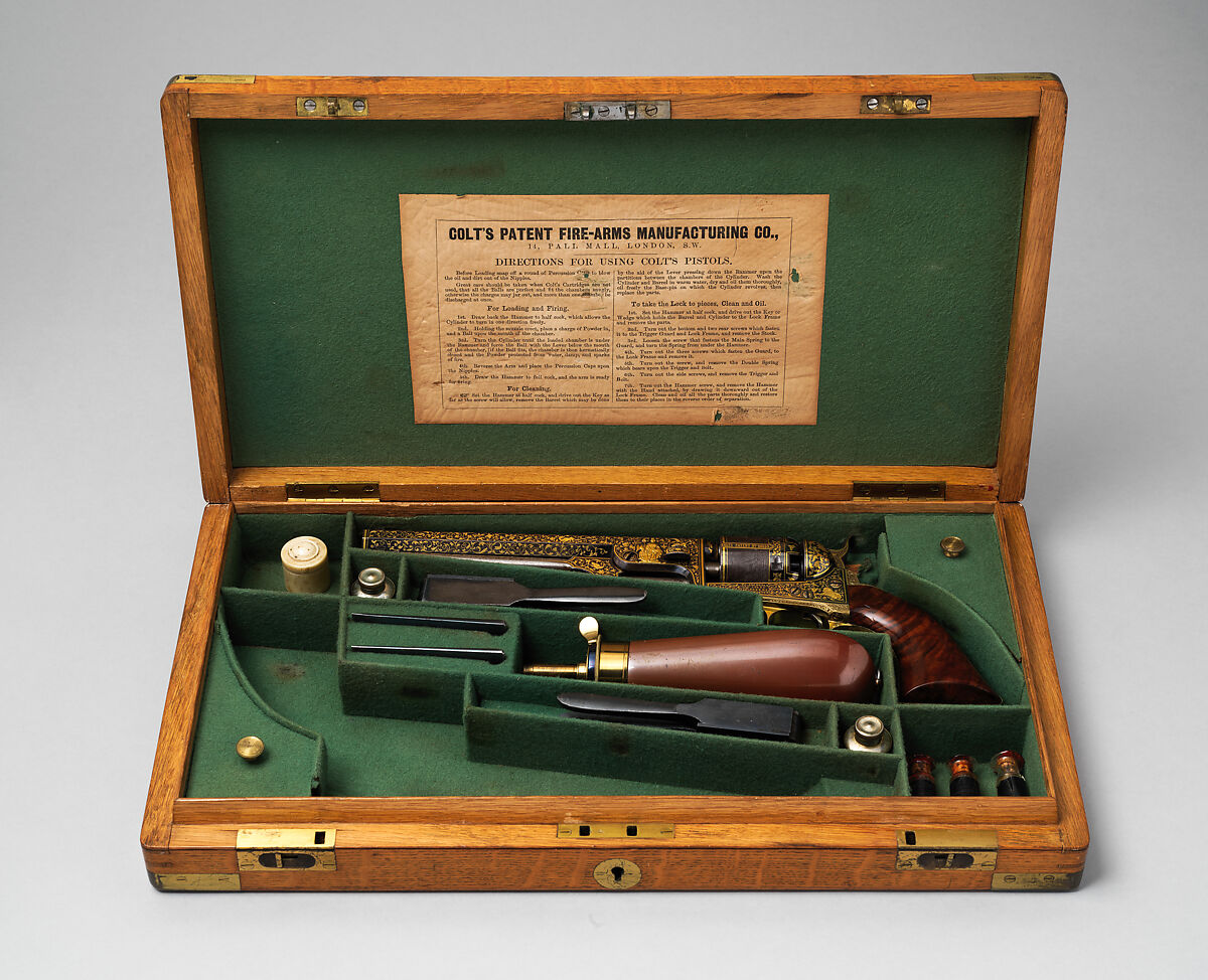 Gold-inlaid Colt Model 1851 Navy Revolver (serial no. 20133), with Case and Accessories, Samuel Colt (American, Hartford, Connecticut 1814–1862), Steel, copper alloy, gold, wood (walnut), textile, glass, cork, bone, pewter, paper, American, Hartford, Connecticut