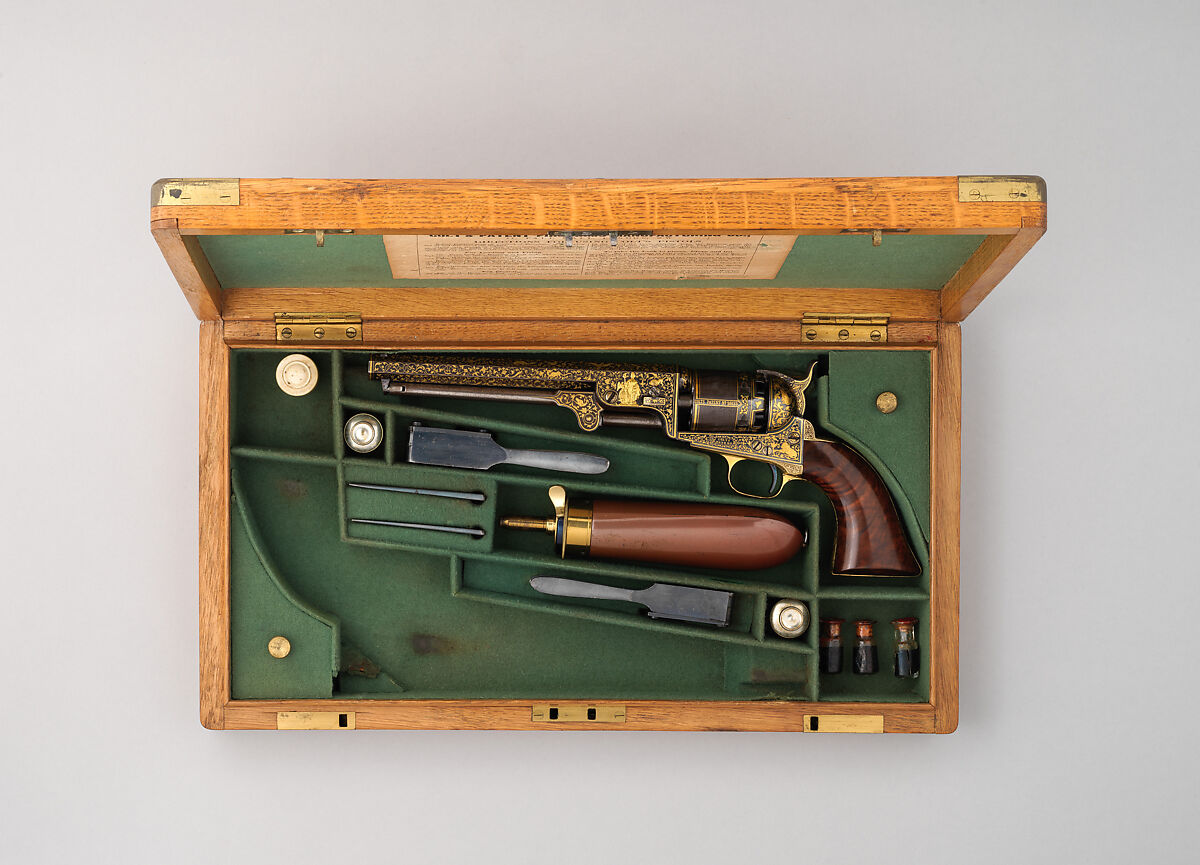 Gold-inlaid Colt Model 1851 Navy Revolver (serial no. 20133), with Case and Accessories, Samuel Colt (American, Hartford, Connecticut 1814–1862), Steel, copper alloy, gold, wood (walnut), textile, glass, cork, bone, pewter, paper, American, Hartford, Connecticut