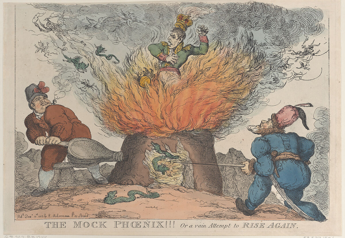 The Mock Phoenix!!! Or a Vain Attempt to Rise Again, Thomas Rowlandson (British, London 1757–1827 London), Hand-colored etching 