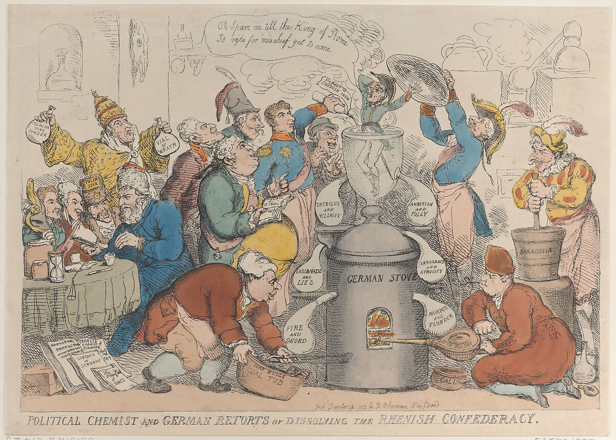 Political Chemist and German Retorts or Dissolving the Rhenish Confederacy, Thomas Rowlandson (British, London 1757–1827 London), Hand-colored etching 