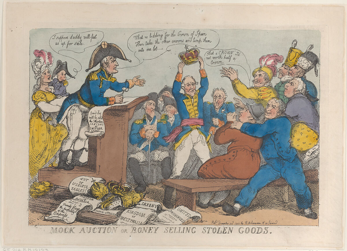 Mock Auction or Boney Selling Stolen Goods, Thomas Rowlandson (British, London 1757–1827 London), Hand-colored etching 