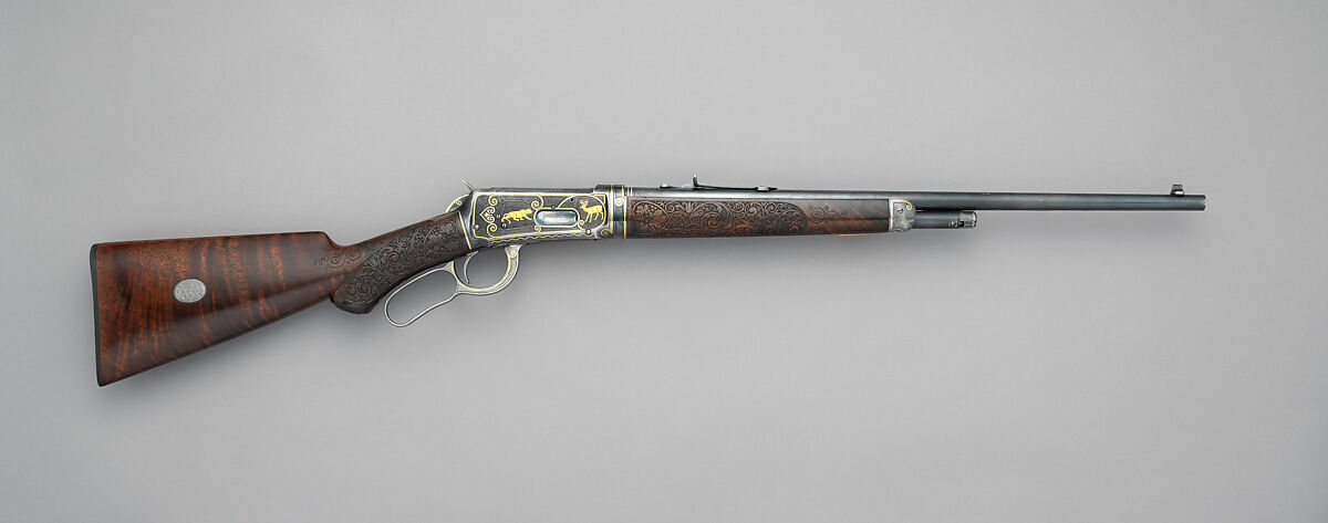 Winchester Model 1894 Takedown Rifle (serial no. 311946) with Box of Sights, Winchester Repeating Arms Company  American, Steel, gold, platinum, silver, wood (walnut), leather, textile, American, New Haven, Connecticut