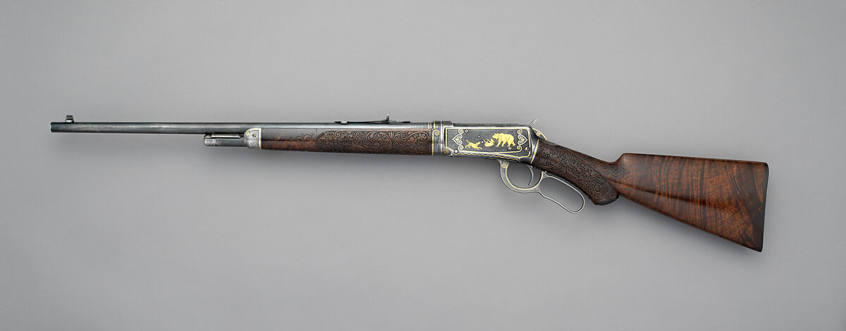 Winchester Model 1894 Takedown Rifle (serial no. 311946) with Box of Sights, Winchester Repeating Arms Company (American, New Haven, Connecticut, founded 1866), Steel, gold, platinum, silver, wood (walnut), leather, textile, American, New Haven, Connecticut