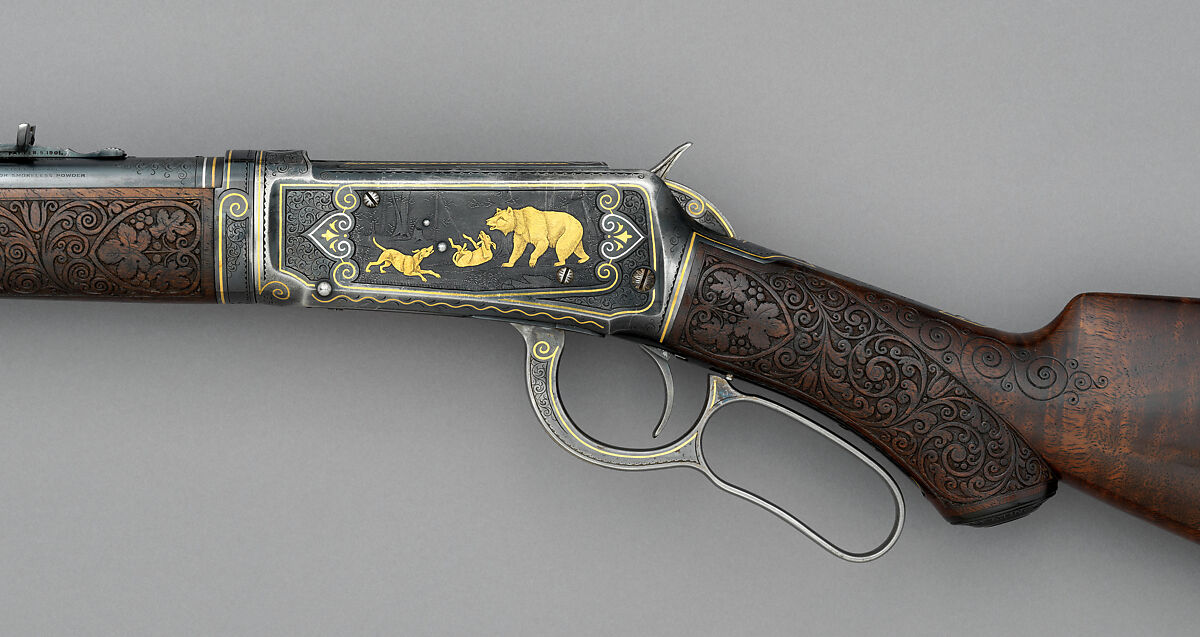 Winchester Model 1894 Takedown Rifle (serial no. 311946) with Box of Sights, Winchester Repeating Arms Company (American, New Haven, Connecticut, founded 1866), Steel, gold, platinum, silver, wood (walnut), leather, textile, American, New Haven, Connecticut