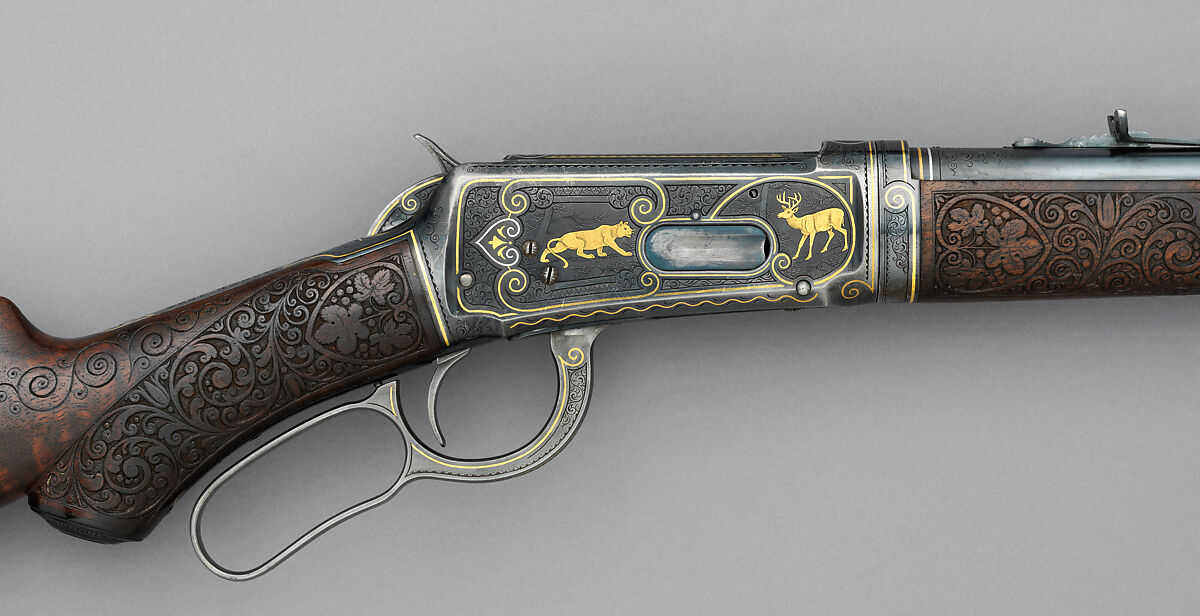 Winchester Model 1894 Takedown Rifle (serial no. 311946) with Box of Sights, Winchester Repeating Arms Company (American, New Haven, Connecticut, founded 1866), Steel, gold, platinum, silver, wood (walnut), leather, textile, American, New Haven, Connecticut