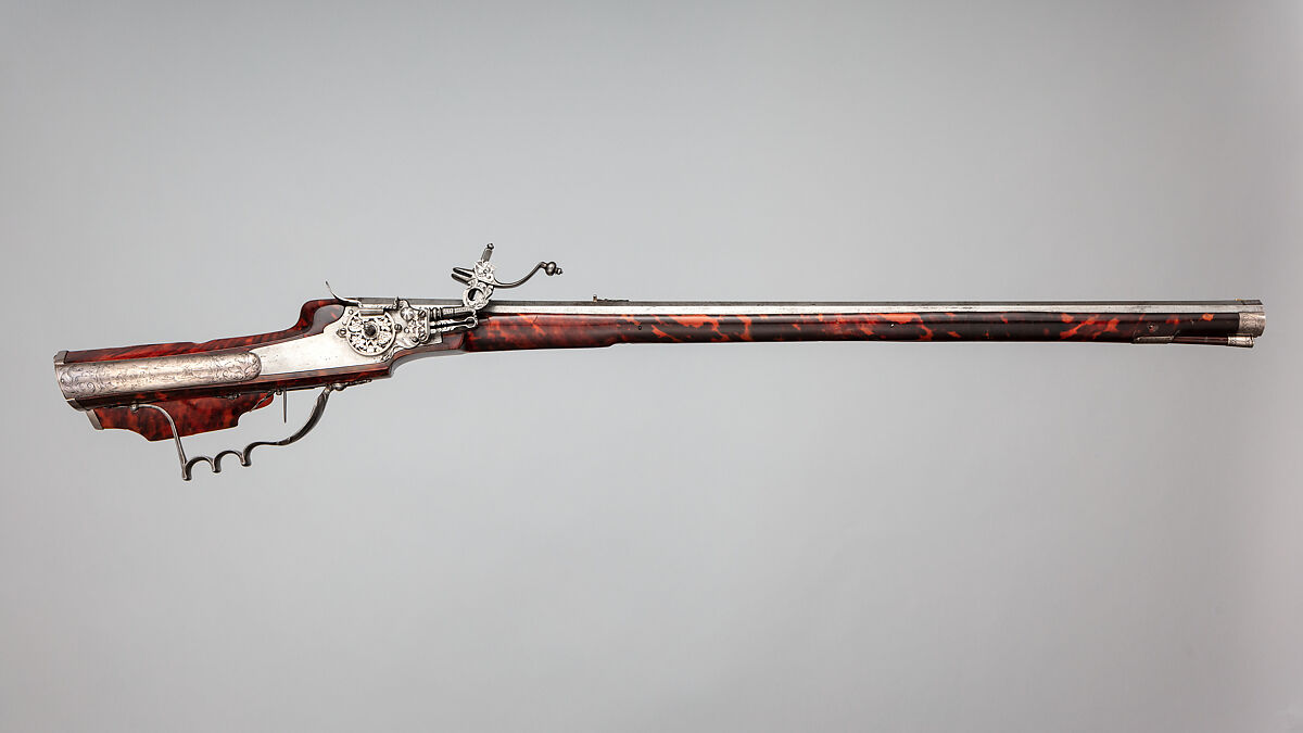 Wheellock Sporting Rifle, Martin Kammerer (German, Augsburg, active 1654–67), Steel, wood, iron, silver, tortoiseshell, German, Augsburg