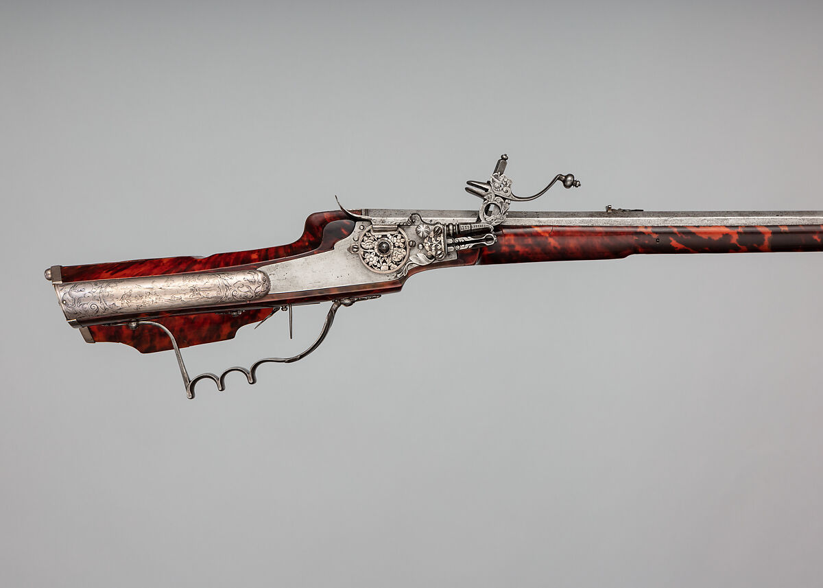 Wheellock Sporting Rifle, Martin Kammerer (German, Augsburg, active 1654–67), Steel, wood, iron, silver, tortoiseshell, German, Augsburg