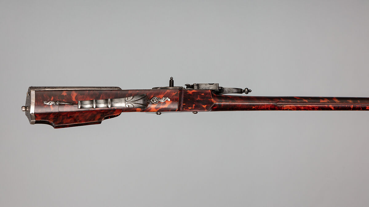 Wheellock Sporting Rifle, Martin Kammerer (German, Augsburg, active 1654–67), Steel, wood, iron, silver, tortoiseshell, German, Augsburg