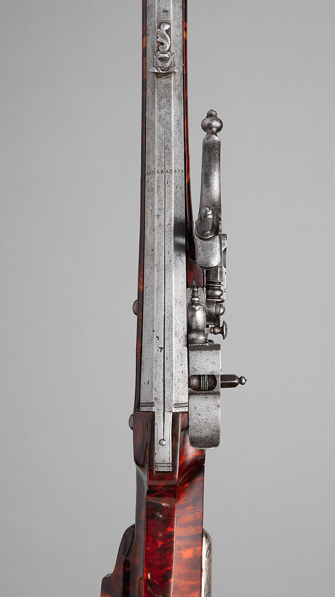 Wheellock Sporting Rifle, Martin Kammerer (German, Augsburg, active 1654–67), Steel, wood, iron, silver, tortoiseshell, German, Augsburg
