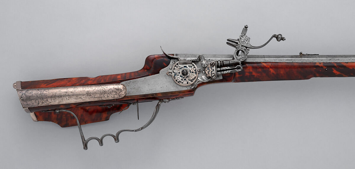 Wheellock Sporting Rifle, Martin Kammerer (German, Augsburg, active 1654–67), Steel, wood, iron, silver, tortoiseshell, German, Augsburg
