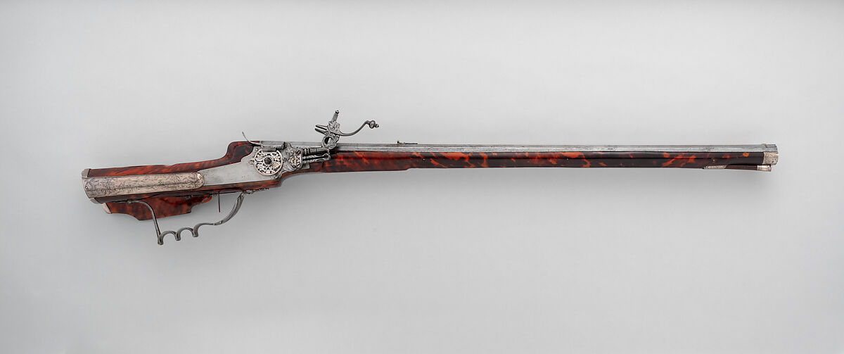 Wheellock Sporting Rifle, Martin Kammerer (German, Augsburg, active 1654–67), Steel, wood, iron, silver, tortoiseshell, German, Augsburg 
