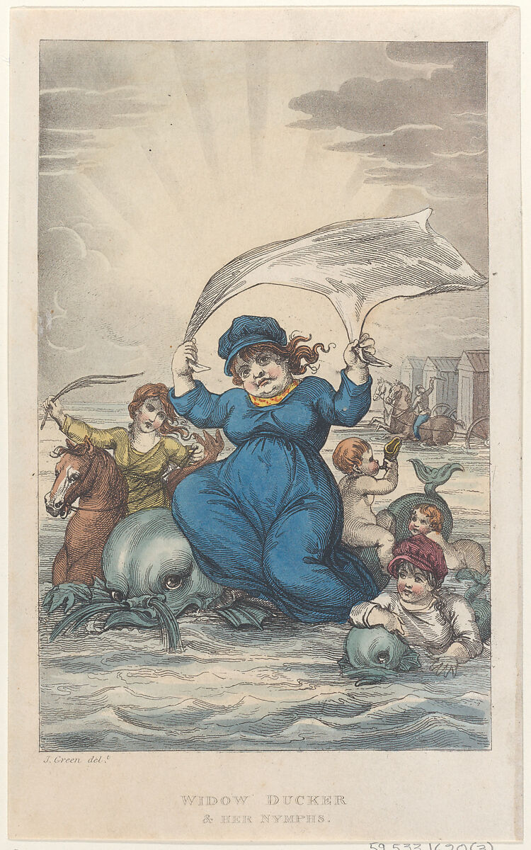 Widow Ducker & Her Nymphs, from "Poetical Sketches of Scarborough", Thomas Rowlandson (British, London 1757–1827 London), Hand-colored etching and aquatint 