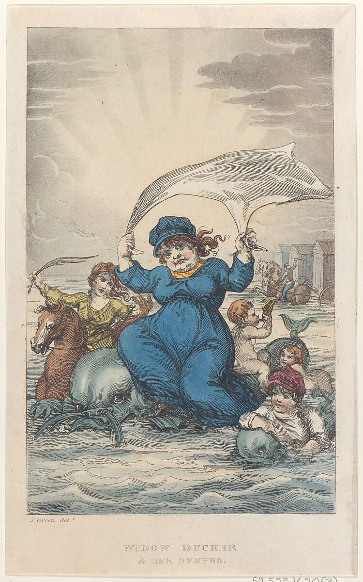 Widow Ducker & Her Nymphs, Thomas Rowlandson (British, London 1757–1827 London), Hand-colored etching and aquatint 