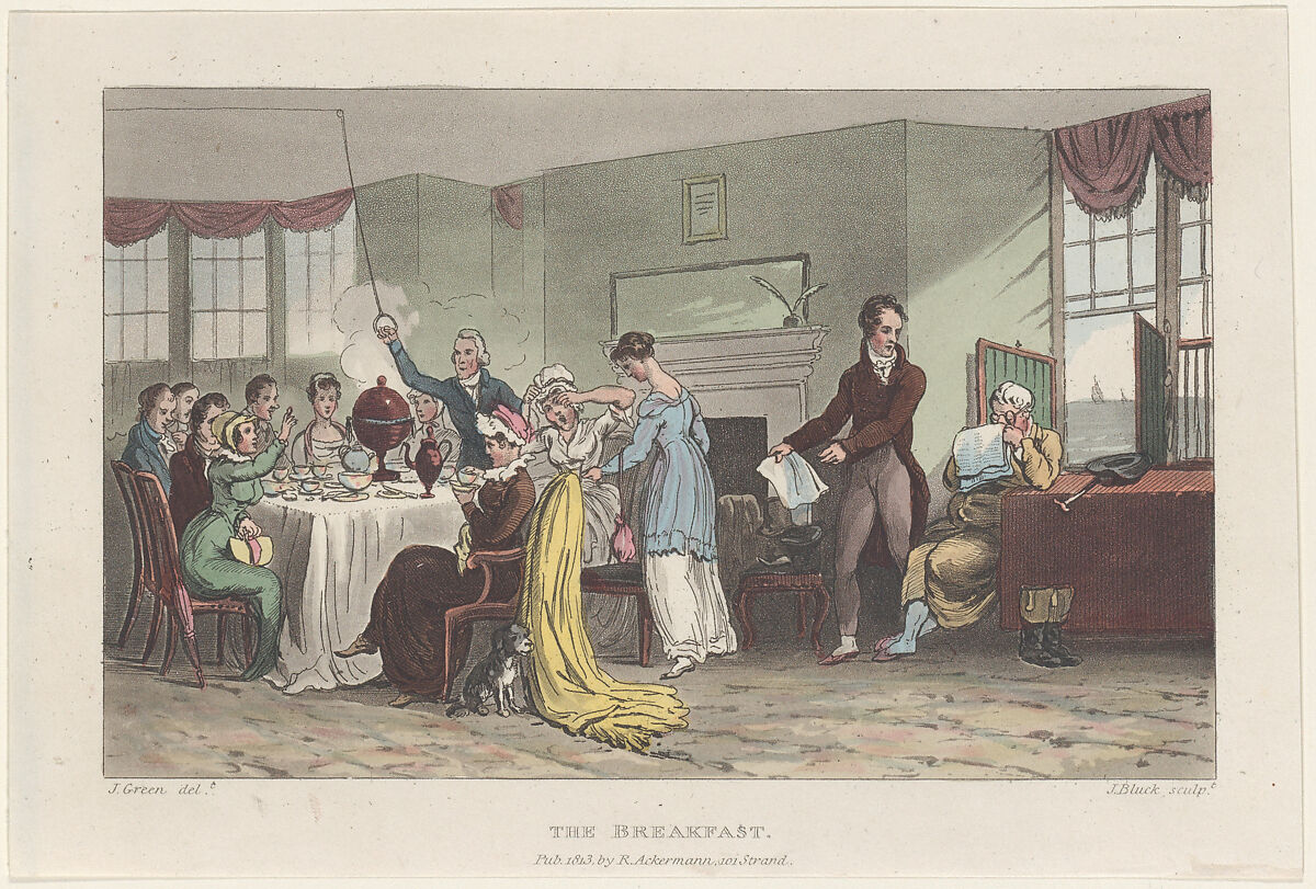 The Breakfast, Thomas Rowlandson (British, London 1757–1827 London), Hand-colored etching and aquatint 