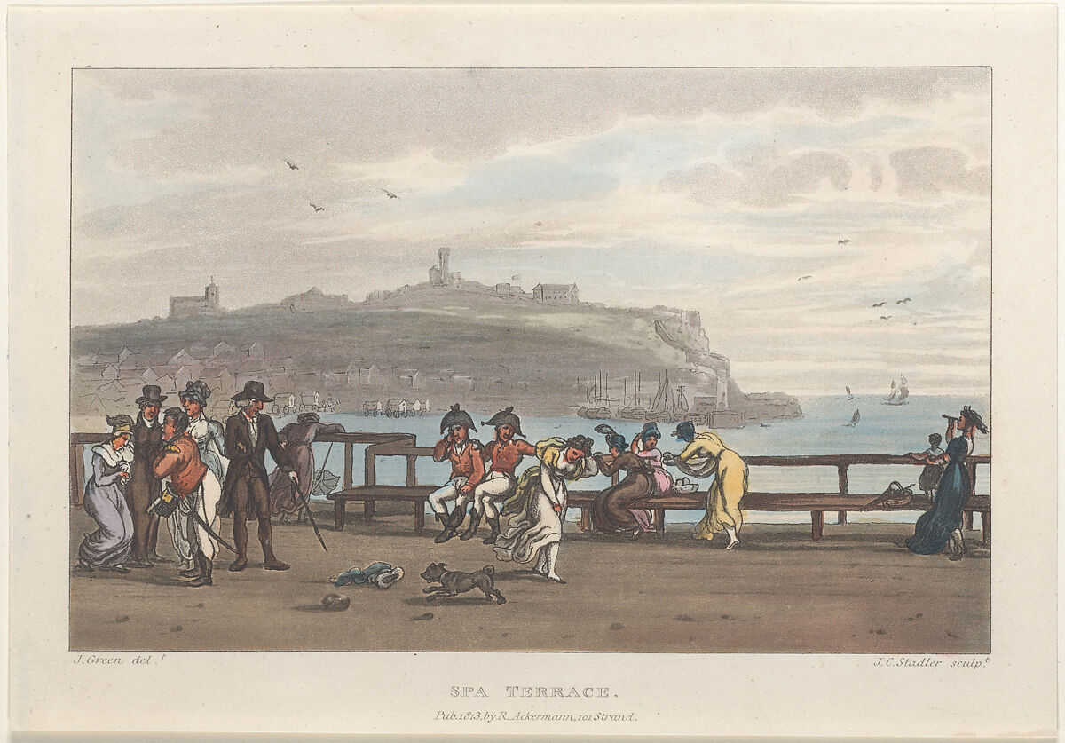 Spa Terrace, Thomas Rowlandson (British, London 1757–1827 London), Hand-colored etching and aquatint 