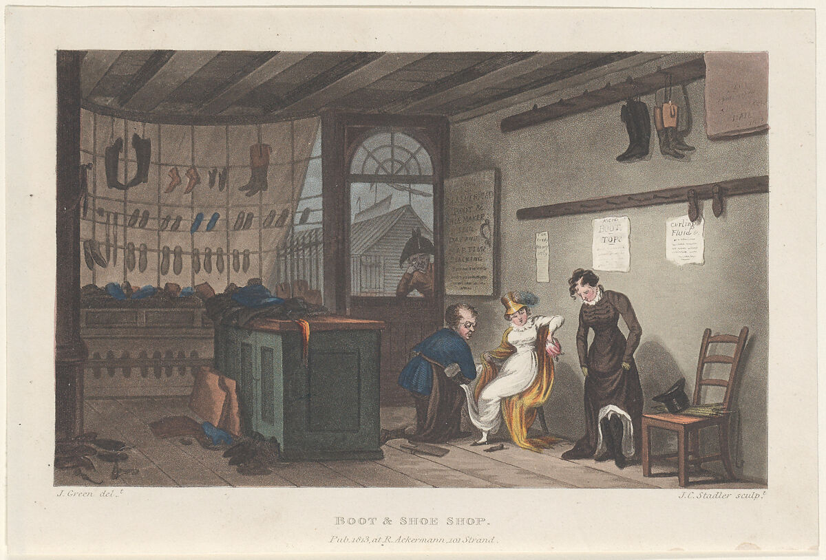 Boot & Shoe Shop, Thomas Rowlandson (British, London 1757–1827 London), Hand-colored etching and aquatint 