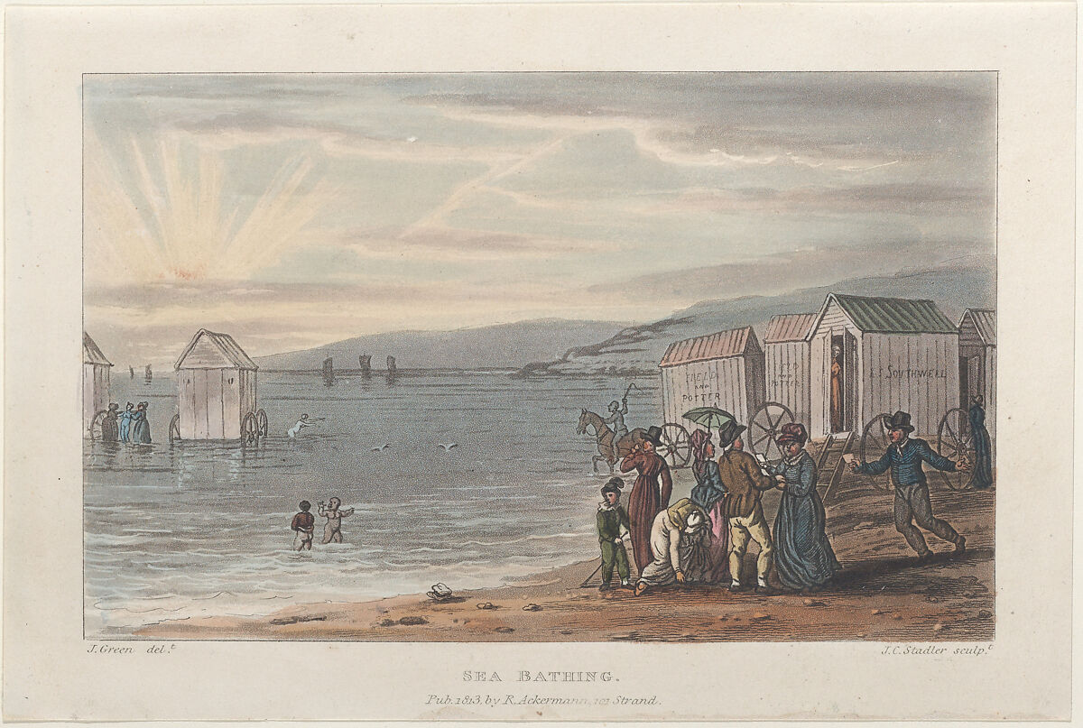 Sea Bathing, from "Poetical Sketches of Scarborough", Thomas Rowlandson (British, London 1757–1827 London), Hand-colored etching and aquatint 