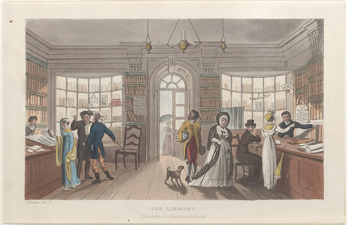 The Library, Thomas Rowlandson (British, London 1757–1827 London), Hand-colored etching and aquatint 