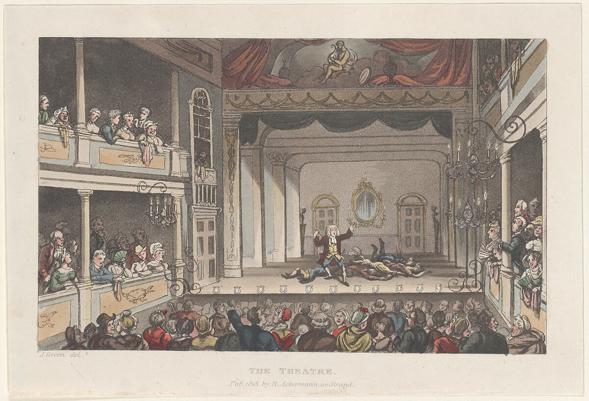The Theatre, Thomas Rowlandson (British, London 1757–1827 London), Hand-colored etching and aquatint 