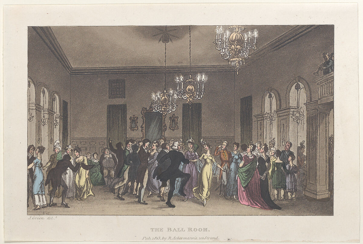 The Ball Room, Thomas Rowlandson (British, London 1757–1827 London), Hand-colored etching and aquatint 