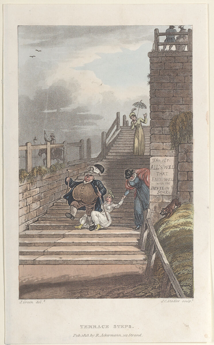 Terrace Steps, Thomas Rowlandson (British, London 1757–1827 London), Hand-colored etching and aquatint 