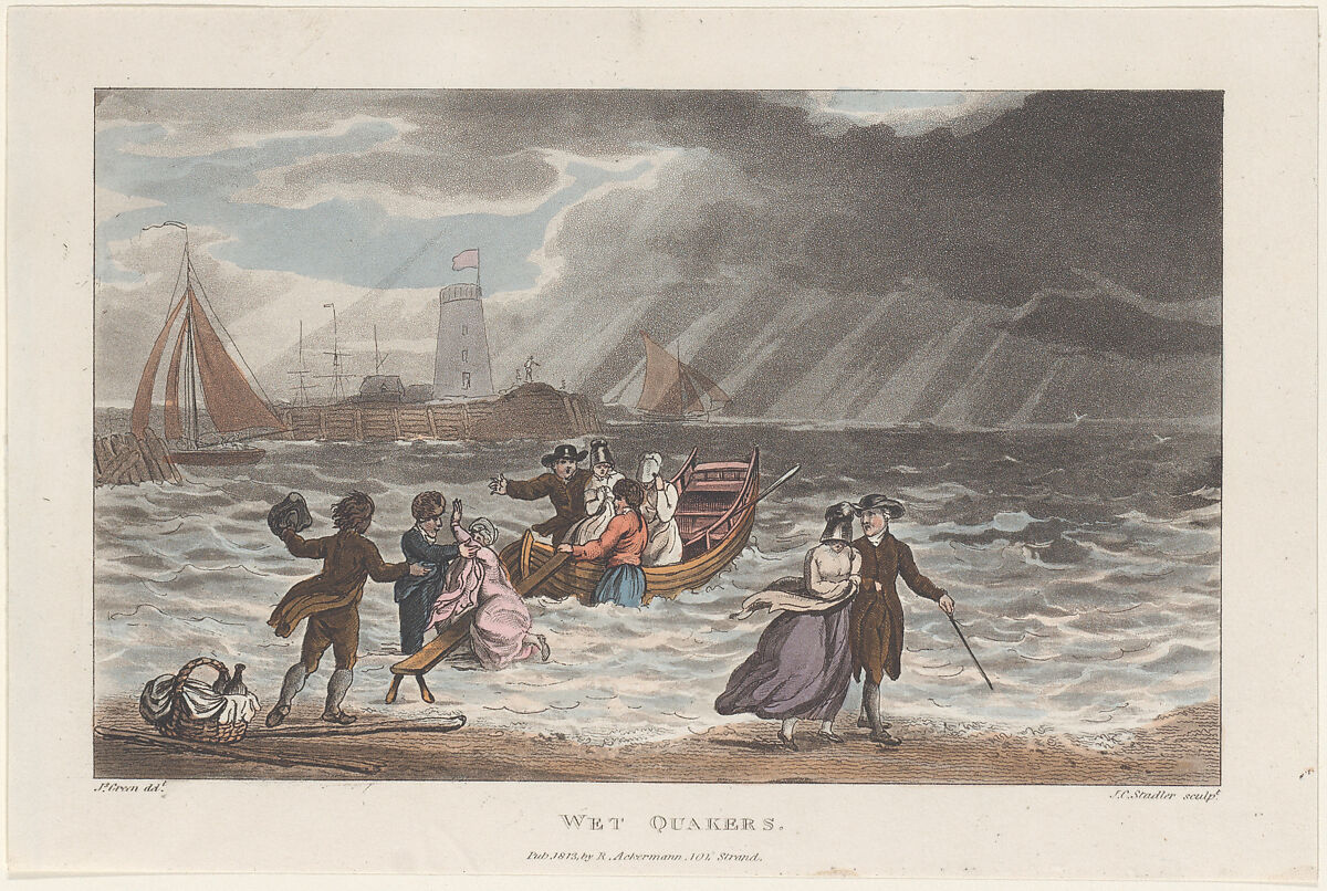 Wet Quakers, Thomas Rowlandson (British, London 1757–1827 London), Hand-colored etching and aquatint 