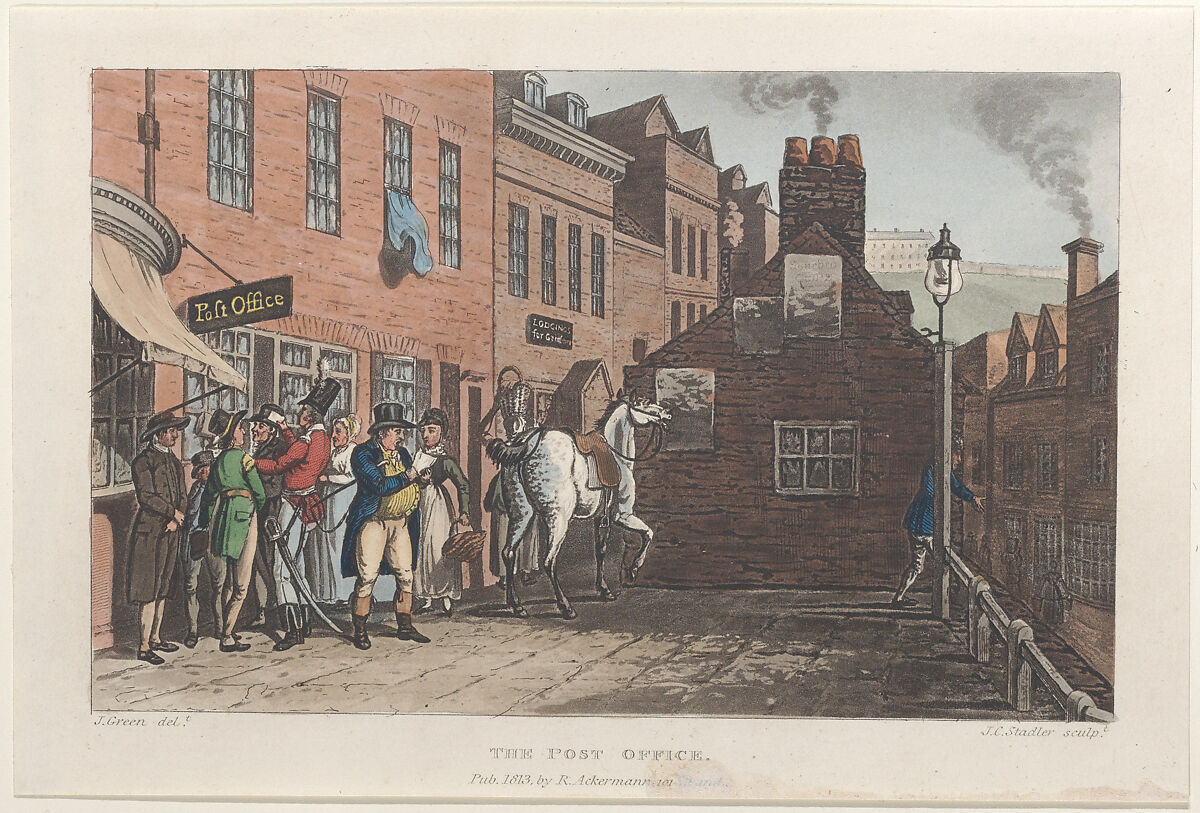 The Post Office, Thomas Rowlandson (British, London 1757–1827 London), Hand-colored etching and aquatint 