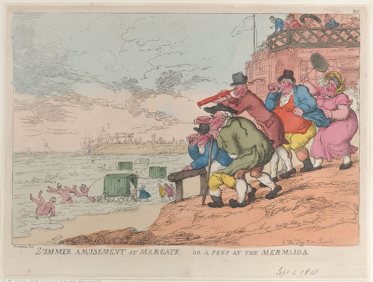 Summer Amusement at Margate, or a Peep at the Mermaids, Thomas Rowlandson (British, London 1757–1827 London), Hand-colored etching 
