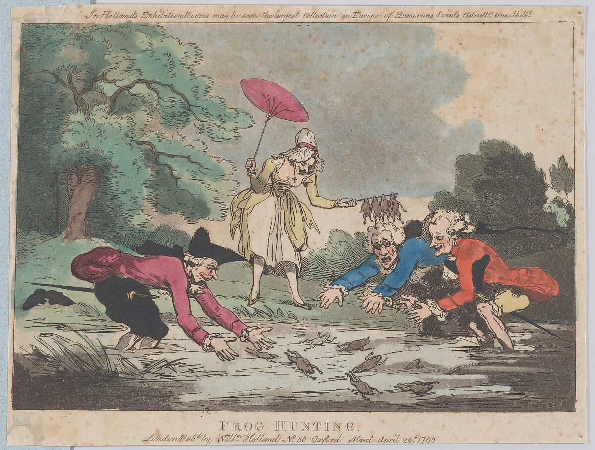 Frog Hunting, Thomas Rowlandson (British, London 1757–1827 London), Etching and aquatint, hand-colored 