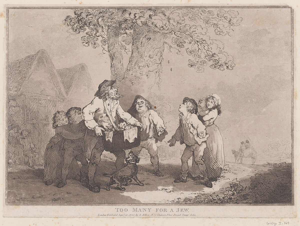 Too Many for a Jew, Thomas Rowlandson (British, London 1757–1827 London), Etching and aquatint, printed in brown ink 