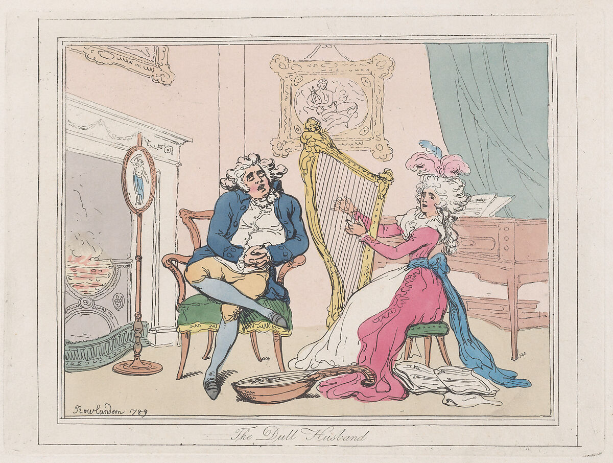 The Dull Husband, Thomas Rowlandson (British, London 1757–1827 London), Hand-colored etching and aquatint 