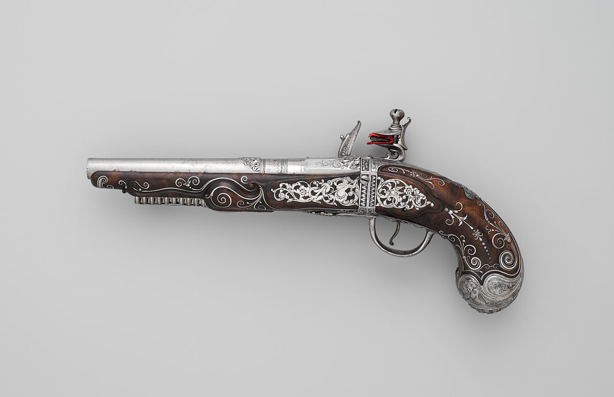 Combination Flintlock Pistol and Concealed Dagger, Probably by Matteo Cecchi, called Acquafresca (Italian, Bargi, 1651–1738), Steel, silver, wood (walnut), Italian, Bargi
